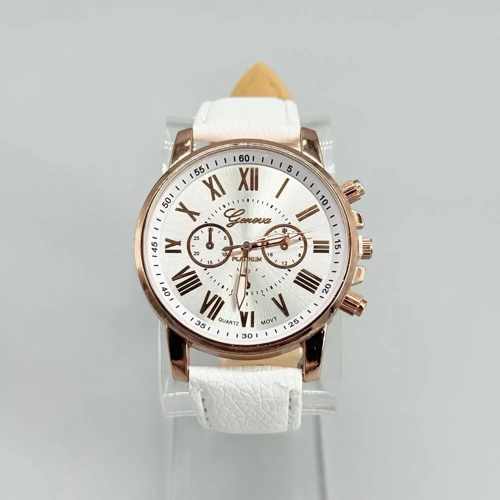 Geneva Womens Rose Gold Tone Watch White Strap Quartz Roman Numerals Earring Set